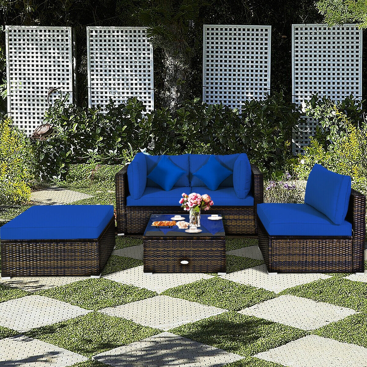 5 Pcs Outdoor Patio Rattan Furniture Set Sectional Conversation with Cushions, Navy Outdoor Sectionals   at Gallery Canada