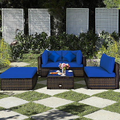 5 Pcs Outdoor Patio Rattan Furniture Set Sectional Conversation with Cushions, Navy Outdoor Sectionals   at Gallery Canada