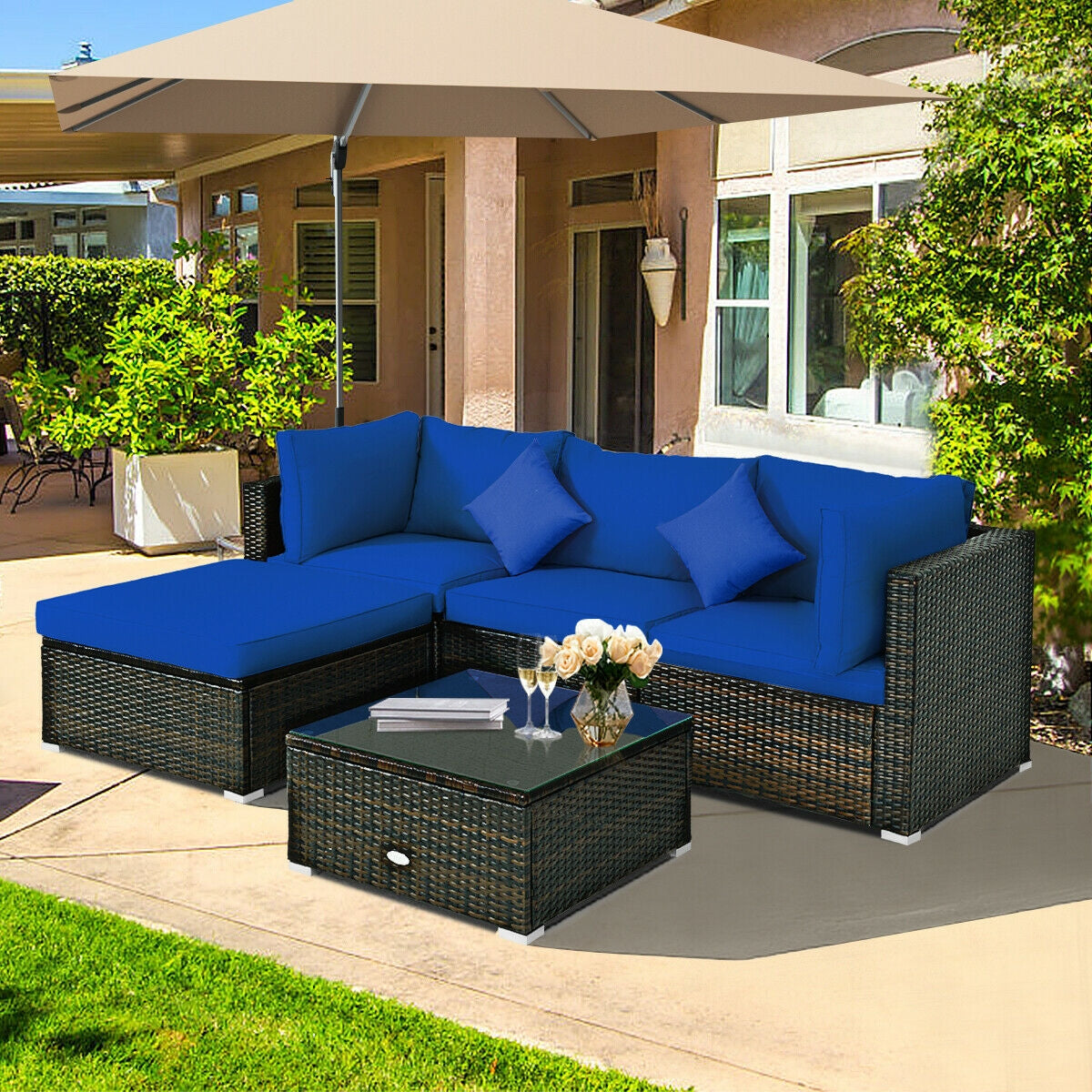 5 Pcs Outdoor Patio Rattan Furniture Set Sectional Conversation with Cushions, Navy Outdoor Sectionals   at Gallery Canada