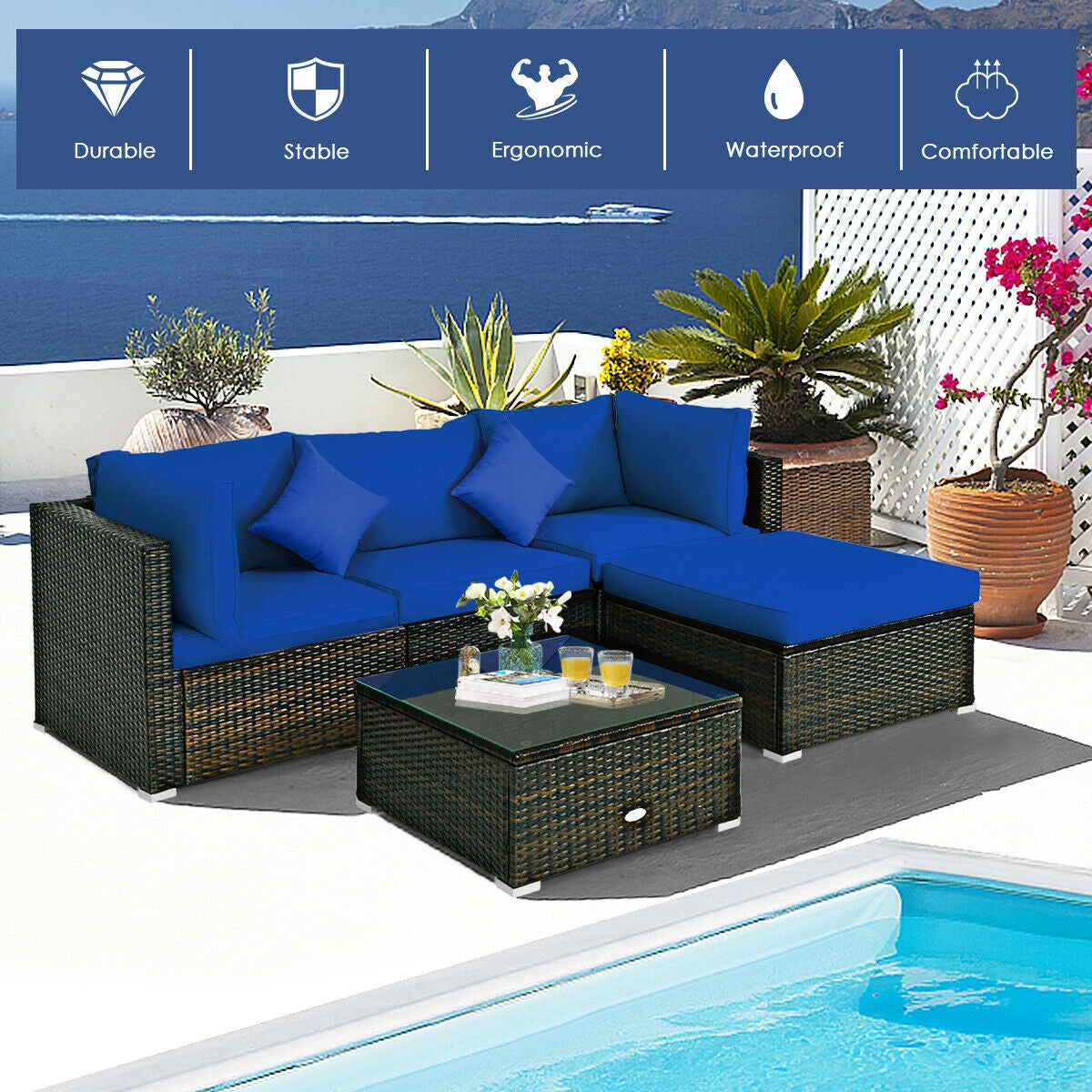 5 Pcs Outdoor Patio Rattan Furniture Set Sectional Conversation with Cushions, Navy Outdoor Sectionals   at Gallery Canada