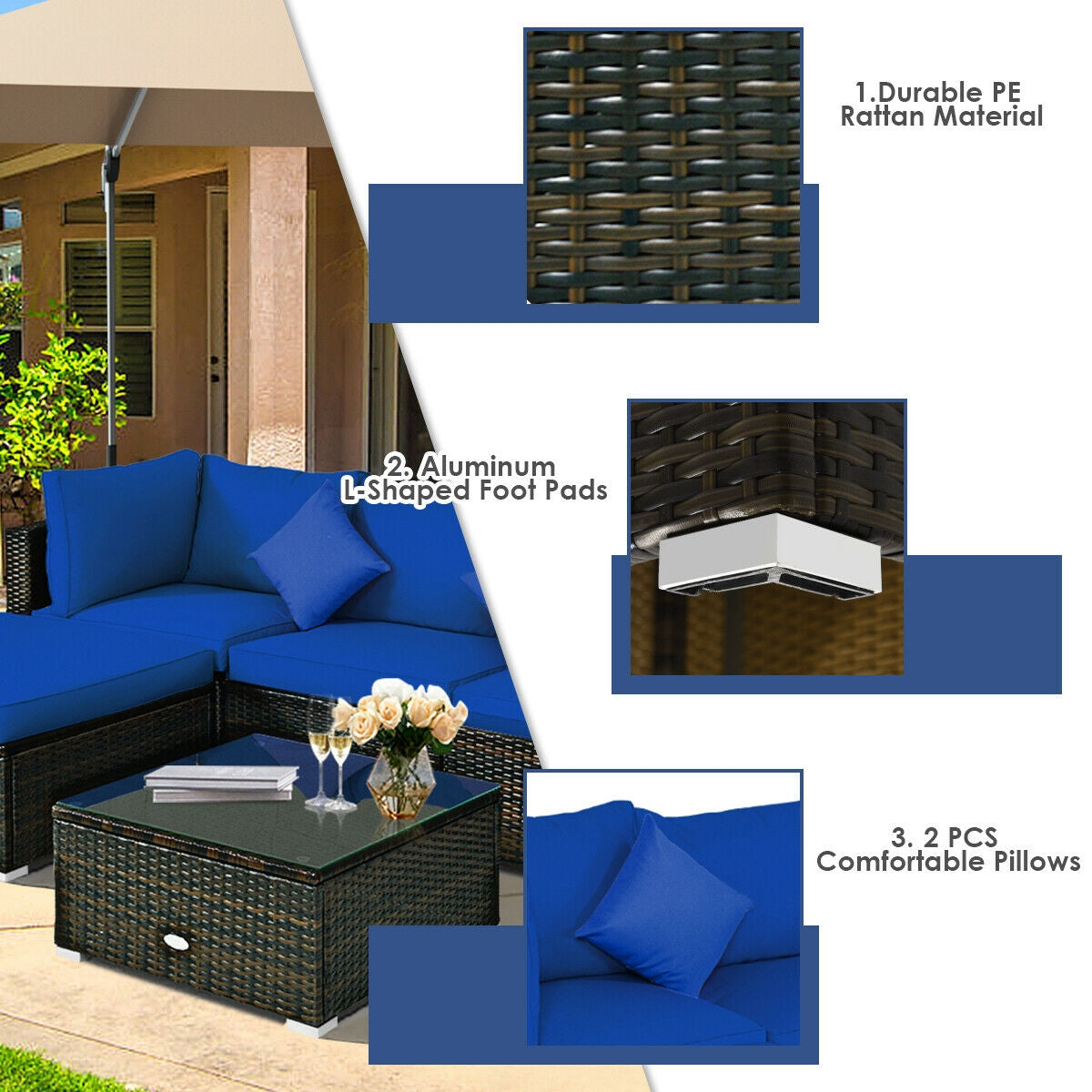 5 Pcs Outdoor Patio Rattan Furniture Set Sectional Conversation with Cushions, Navy Outdoor Sectionals   at Gallery Canada