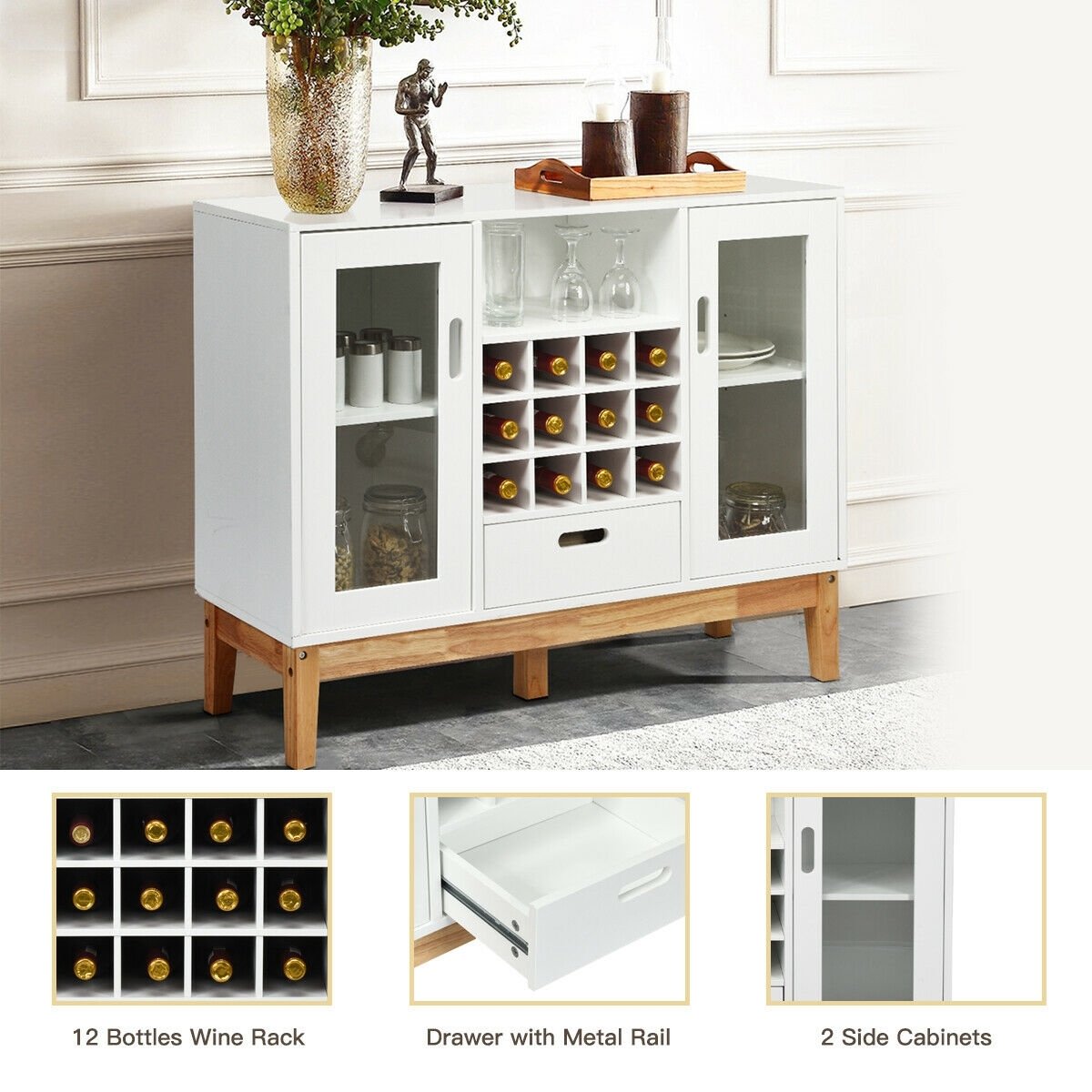 Wood Wine Storage Cabinet Sideboard Console Buffet Server, White Sideboards Cabinets & Buffets   at Gallery Canada