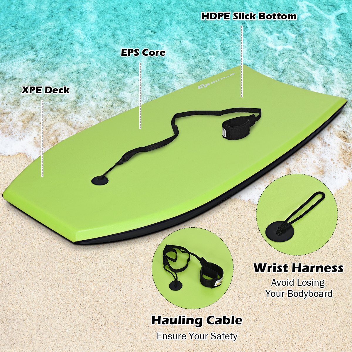 Super Surfing  Lightweight Bodyboard with Leash-L, Green Surfing   at Gallery Canada