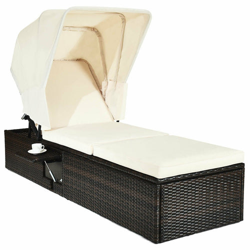 Outdoor Chaise Lounge Chair with Folding Canopy, White