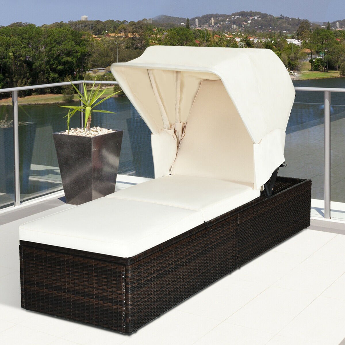 Outdoor Chaise Lounge Chair with Folding Canopy, White Outdoor Chaise Lounges   at Gallery Canada