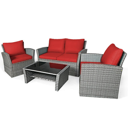 4 Pieces Patio Rattan Furniture Set Sofa Table with Storage Shelf Cushion, Red Patio Conversation Sets   at Gallery Canada