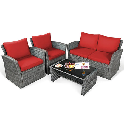 4 Pieces Patio Rattan Furniture Set Sofa Table with Storage Shelf Cushion, Red Patio Conversation Sets   at Gallery Canada