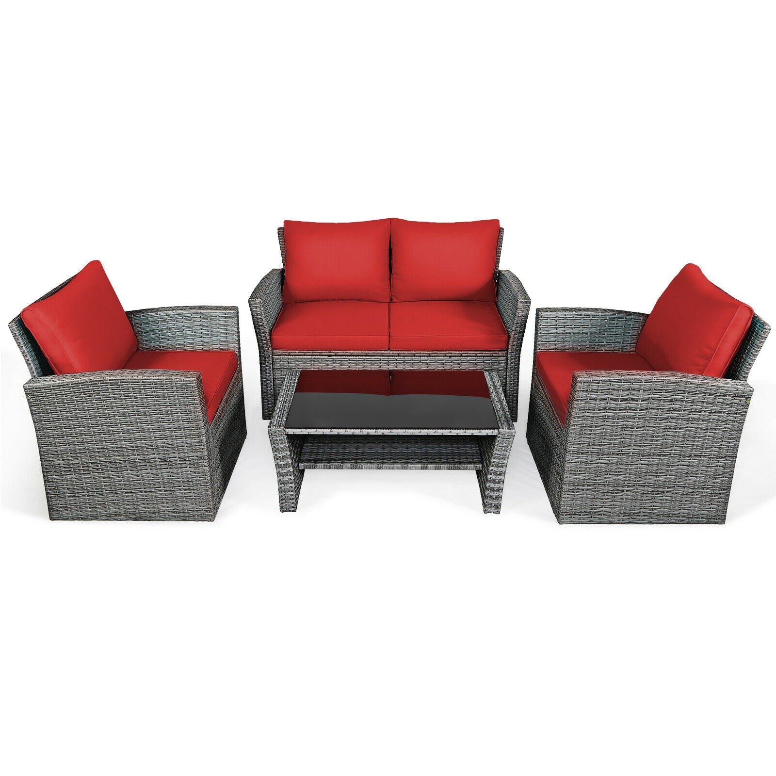 4 Pieces Patio Rattan Furniture Set Sofa Table with Storage Shelf Cushion, Red Patio Conversation Sets Red  at Gallery Canada