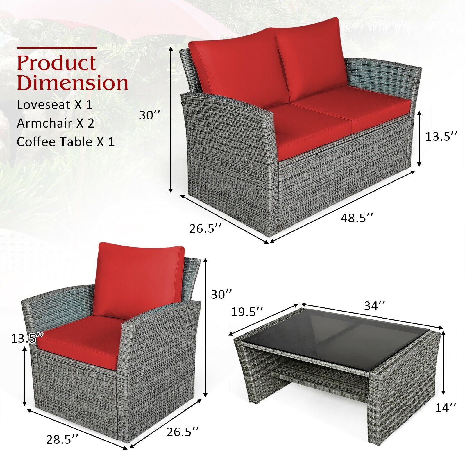 4 Pieces Patio Rattan Furniture Set Sofa Table with Storage Shelf Cushion, Red Patio Conversation Sets   at Gallery Canada