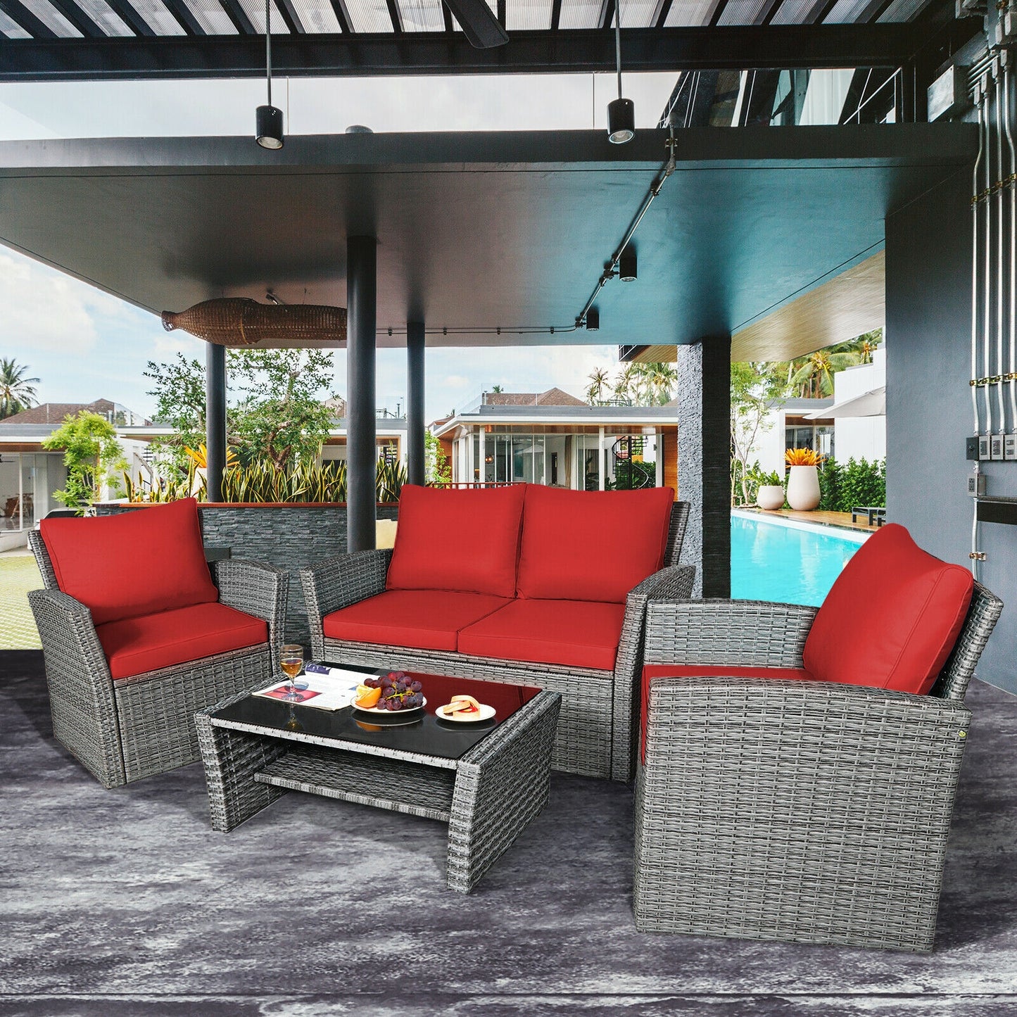 4 Pieces Patio Rattan Furniture Set Sofa Table with Storage Shelf Cushion, Red Patio Conversation Sets   at Gallery Canada