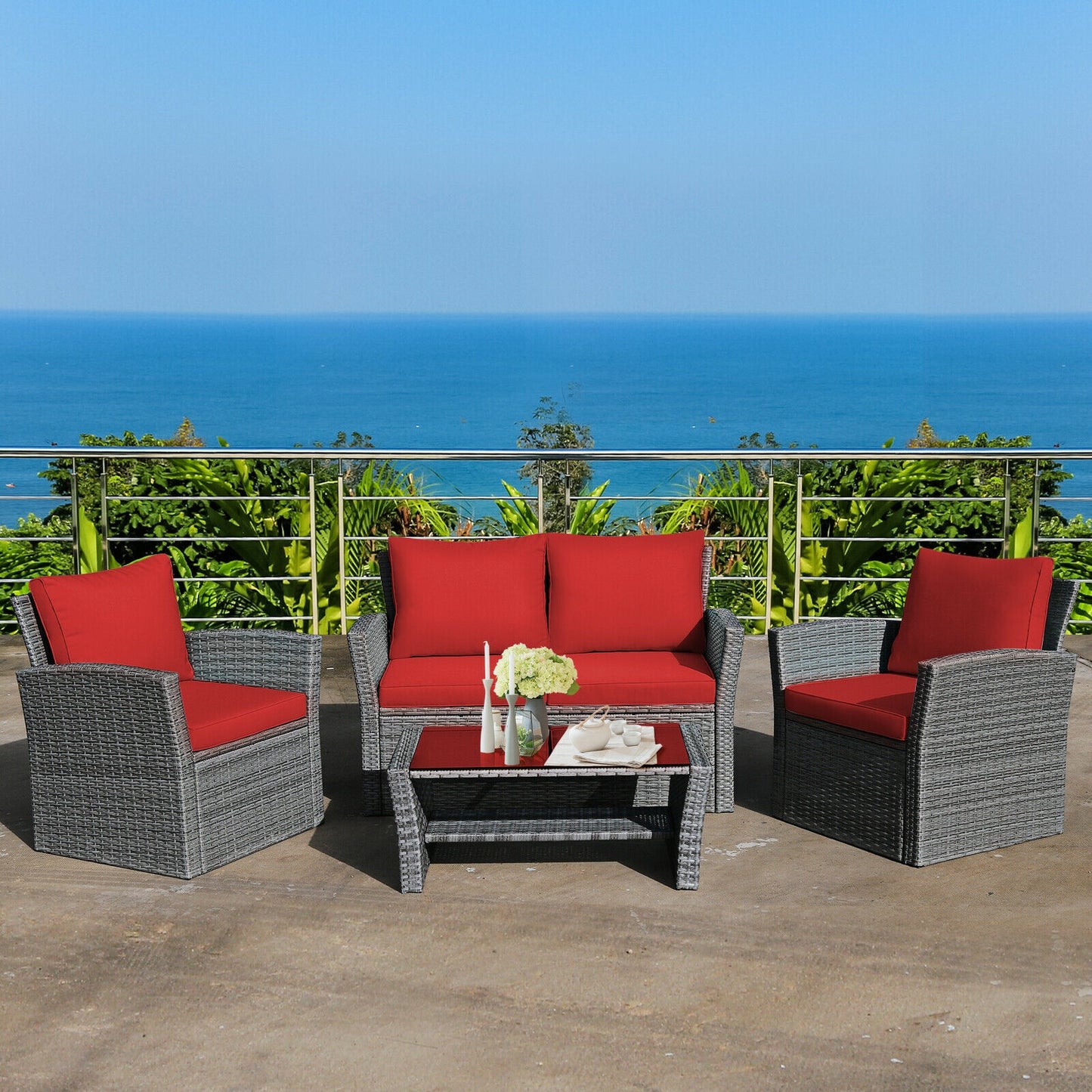 4 Pieces Patio Rattan Furniture Set Sofa Table with Storage Shelf Cushion, Red Patio Conversation Sets   at Gallery Canada