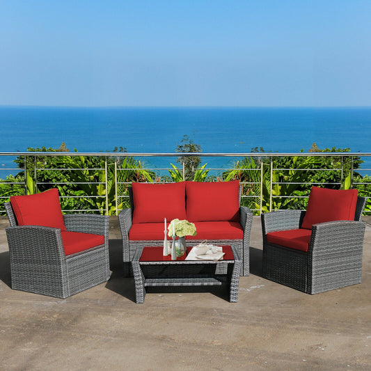 4 Pieces Patio Rattan Furniture Set Sofa Table with Storage Shelf Cushion, Red Patio Conversation Sets Red  at Gallery Canada