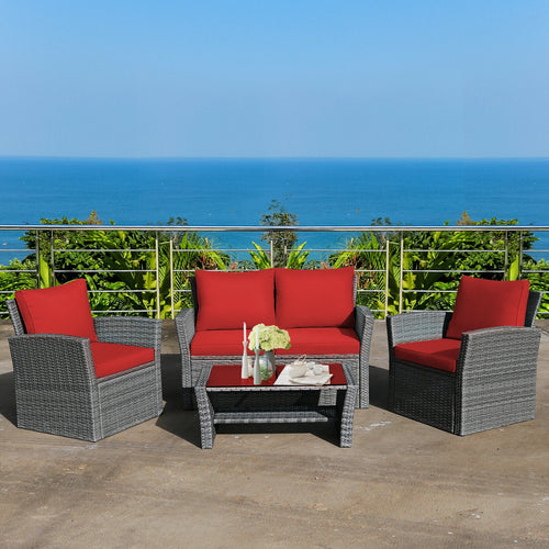 4 Pieces Patio Rattan Furniture Set Sofa Table with Storage Shelf Cushion, Red