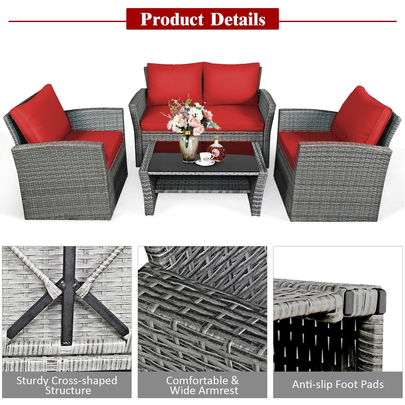 4 Pieces Patio Rattan Furniture Set Sofa Table with Storage Shelf Cushion, Red Patio Conversation Sets   at Gallery Canada