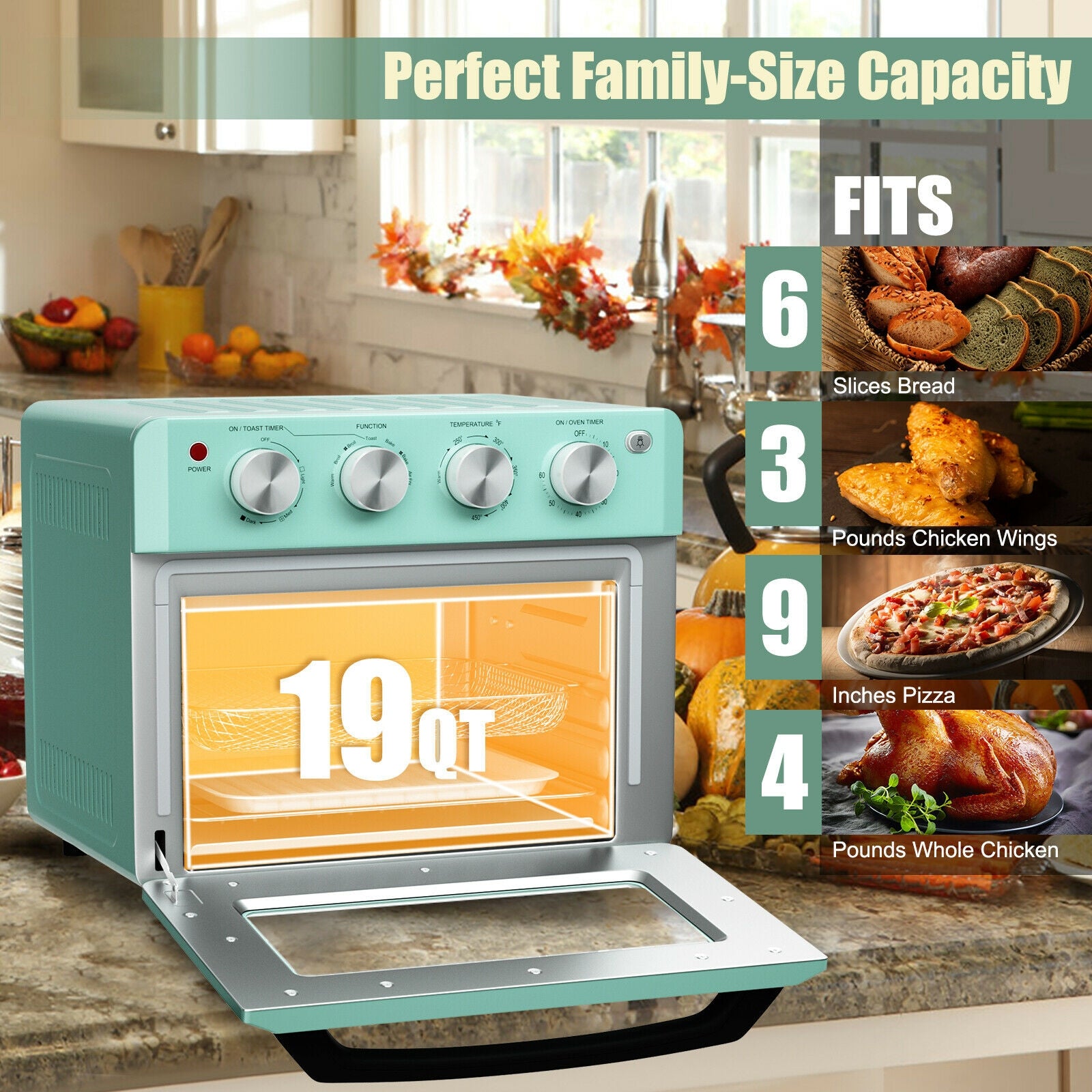 19 Qt Dehydrate Convection Air Fryer Toaster Oven with 5 Accessories, Green Toaster Ovens at Gallery Canada