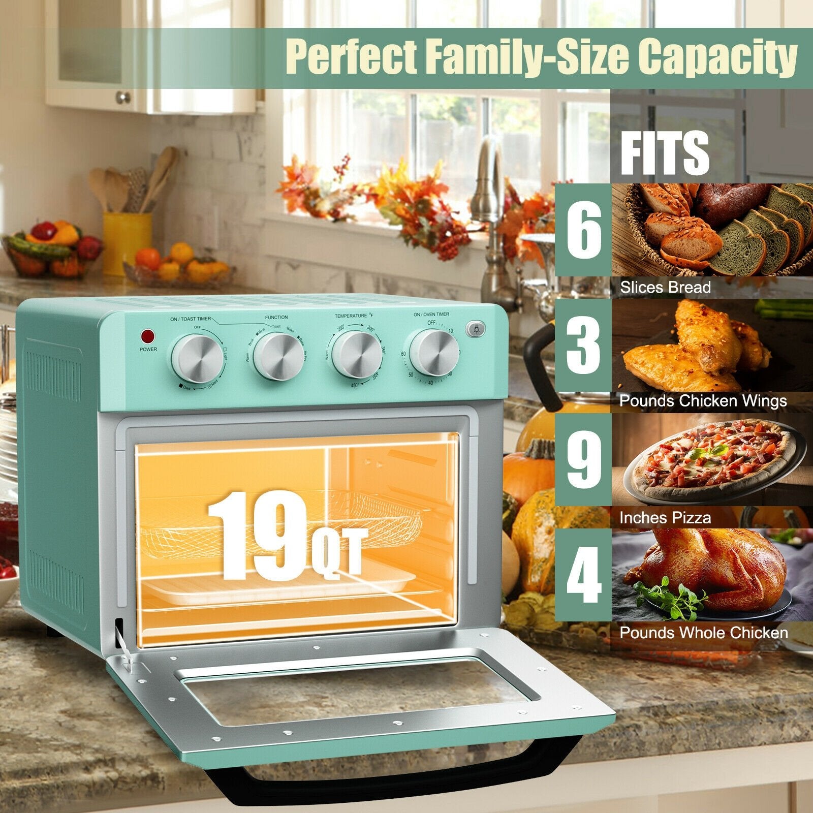 19 Qt Dehydrate Convection Air Fryer Toaster Oven with 5 Accessories, Green Toaster Ovens   at Gallery Canada