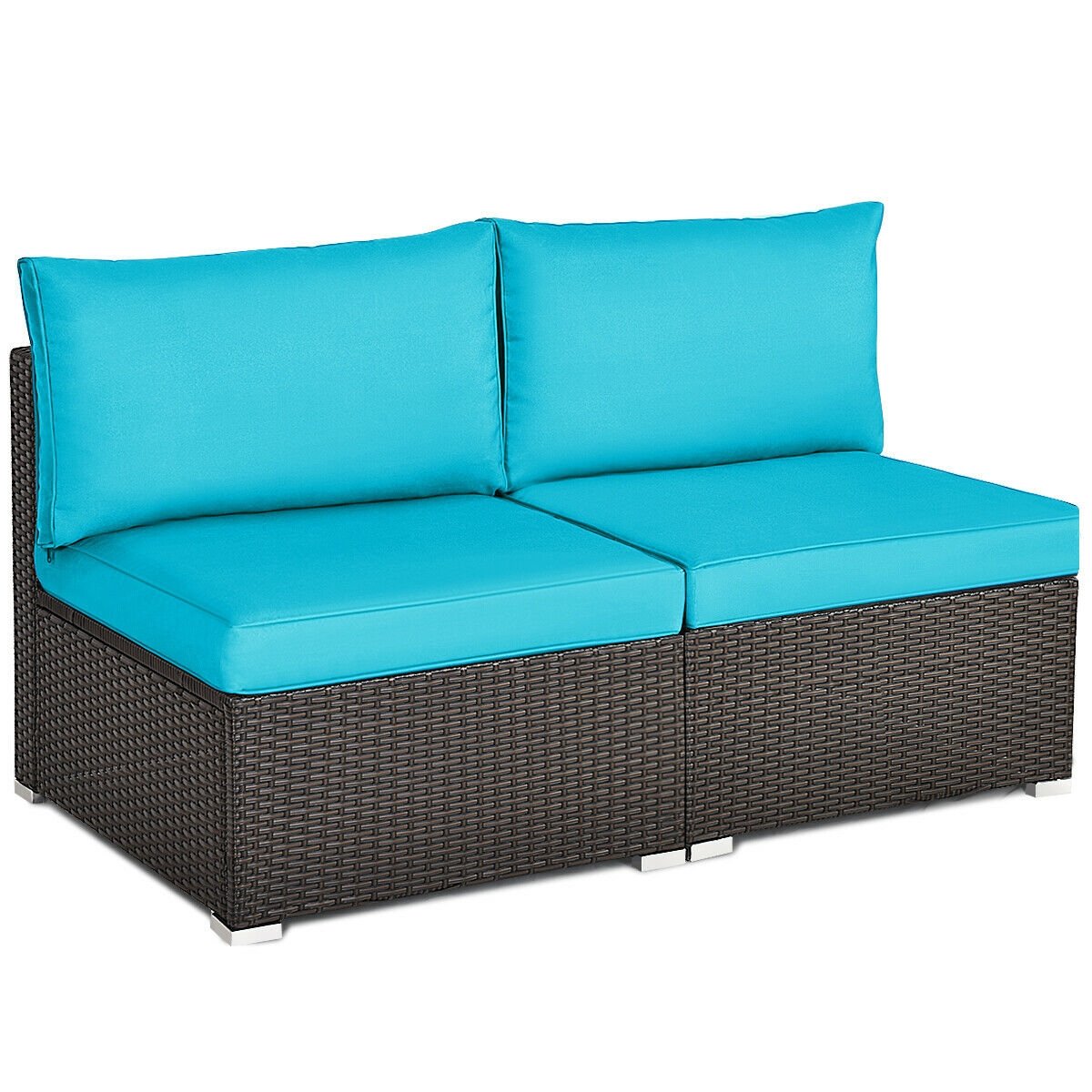 2 Pieces Patio Rattan Armless Sofa Set with 2 Cushions and 2 Pillows, Blue Outdoor Sectionals   at Gallery Canada