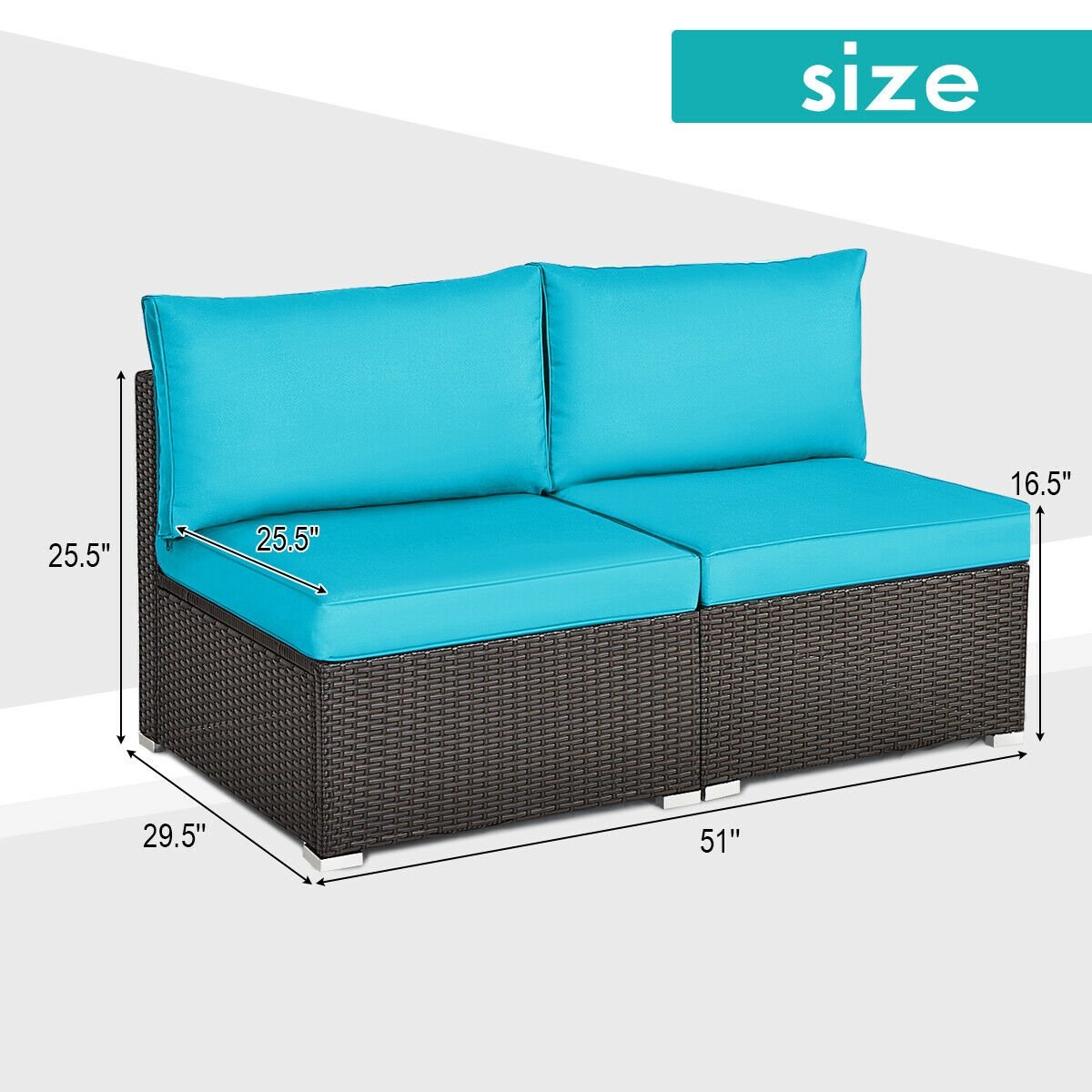 2 Pieces Patio Rattan Armless Sofa Set with 2 Cushions and 2 Pillows, Blue Outdoor Sectionals   at Gallery Canada