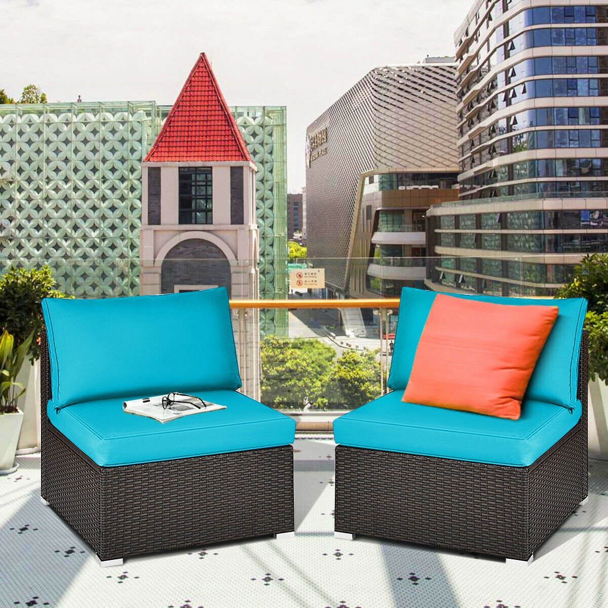 2 Pieces Patio Rattan Armless Sofa Set with 2 Cushions and 2 Pillows, Blue Outdoor Sectionals   at Gallery Canada