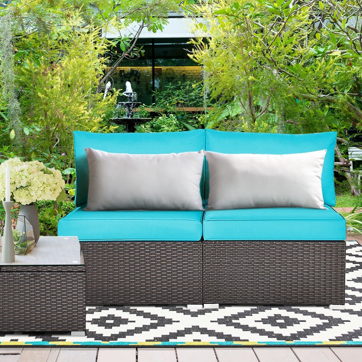 2 Pieces Patio Rattan Armless Sofa Set with 2 Cushions and 2 Pillows, Blue Outdoor Sectionals   at Gallery Canada