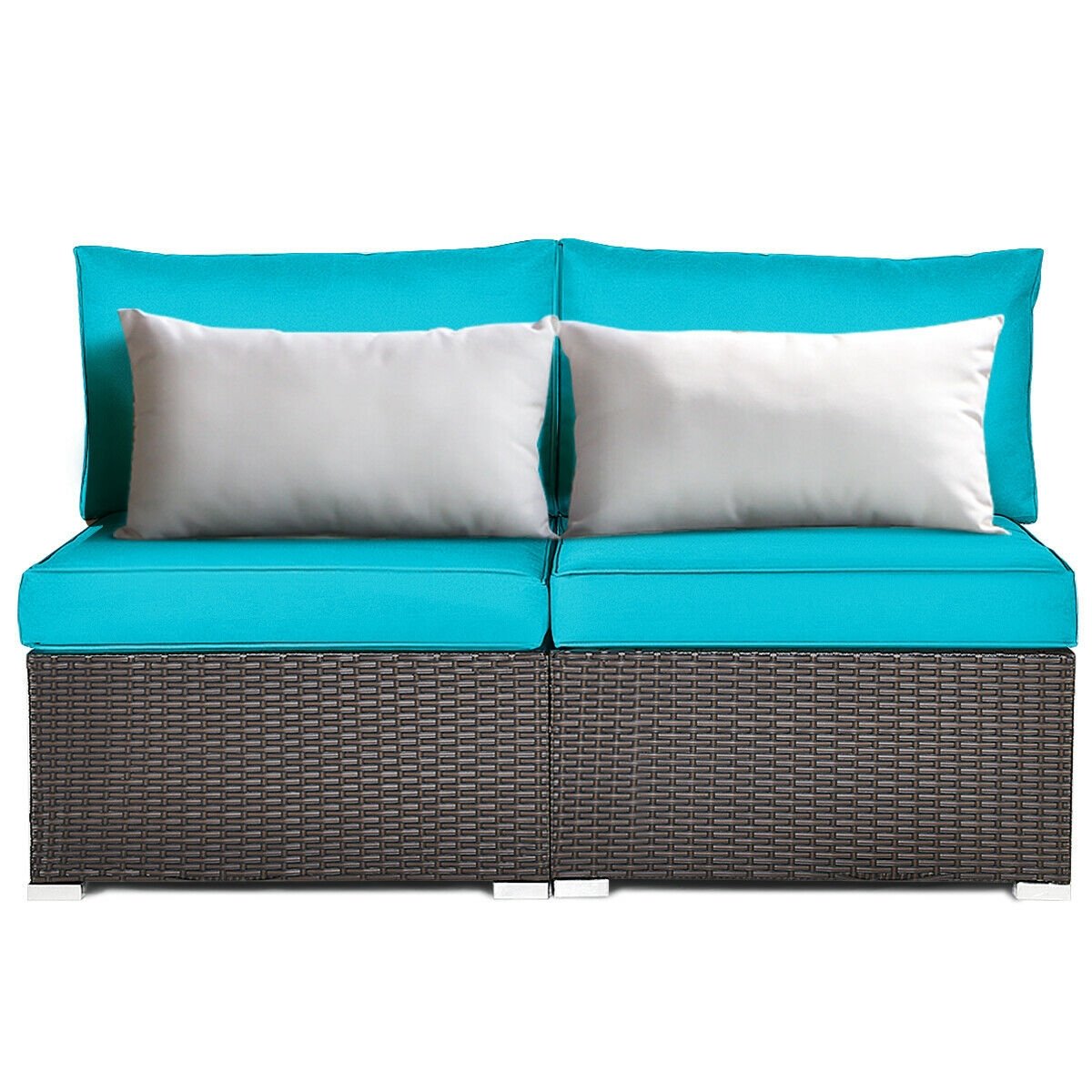 2 Pieces Patio Rattan Armless Sofa Set with 2 Cushions and 2 Pillows, Blue Outdoor Sectionals   at Gallery Canada