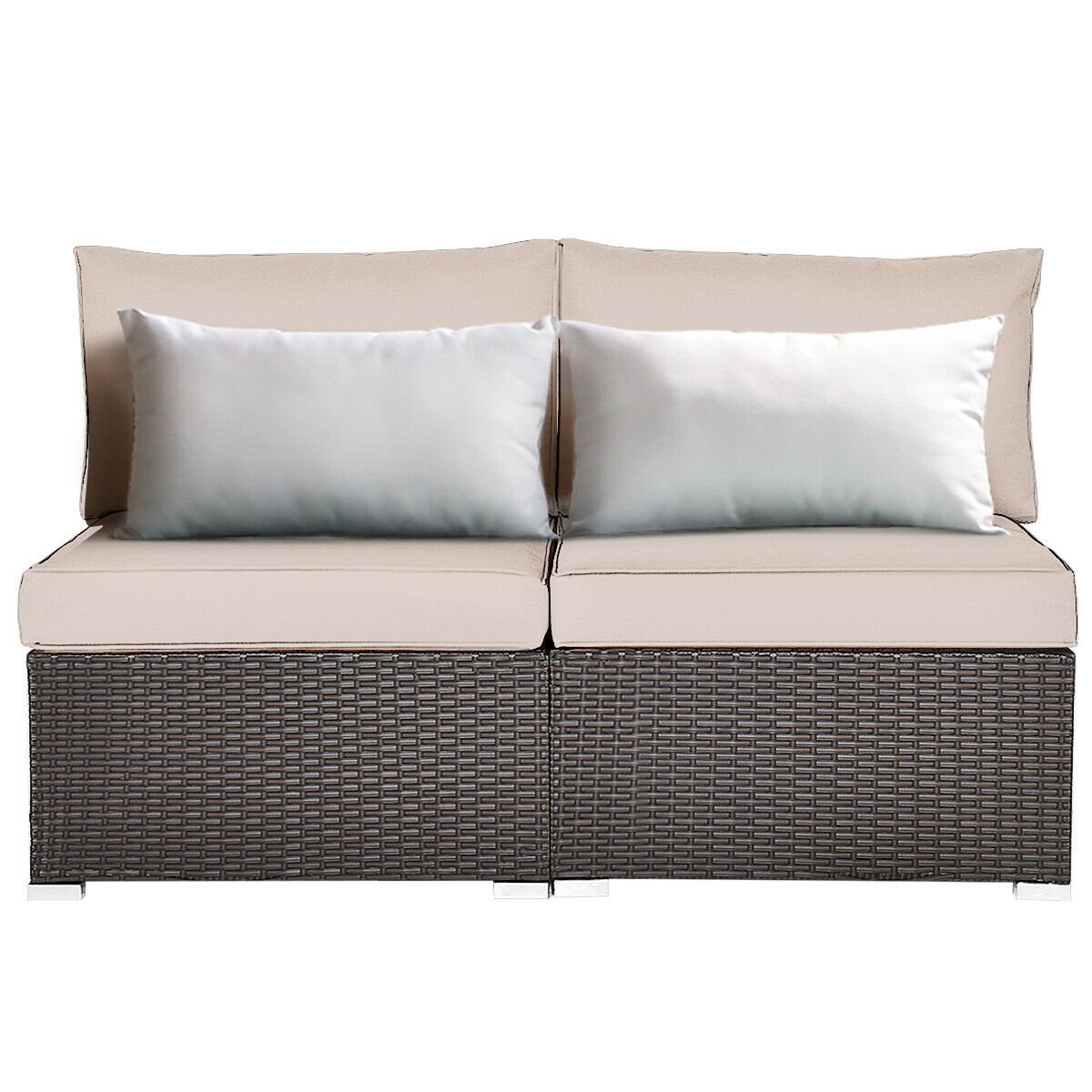 2 Pieces Patio Rattan Armless Sofa Set with 2 Cushions and 2 Pillows, Brown Outdoor Sectionals   at Gallery Canada