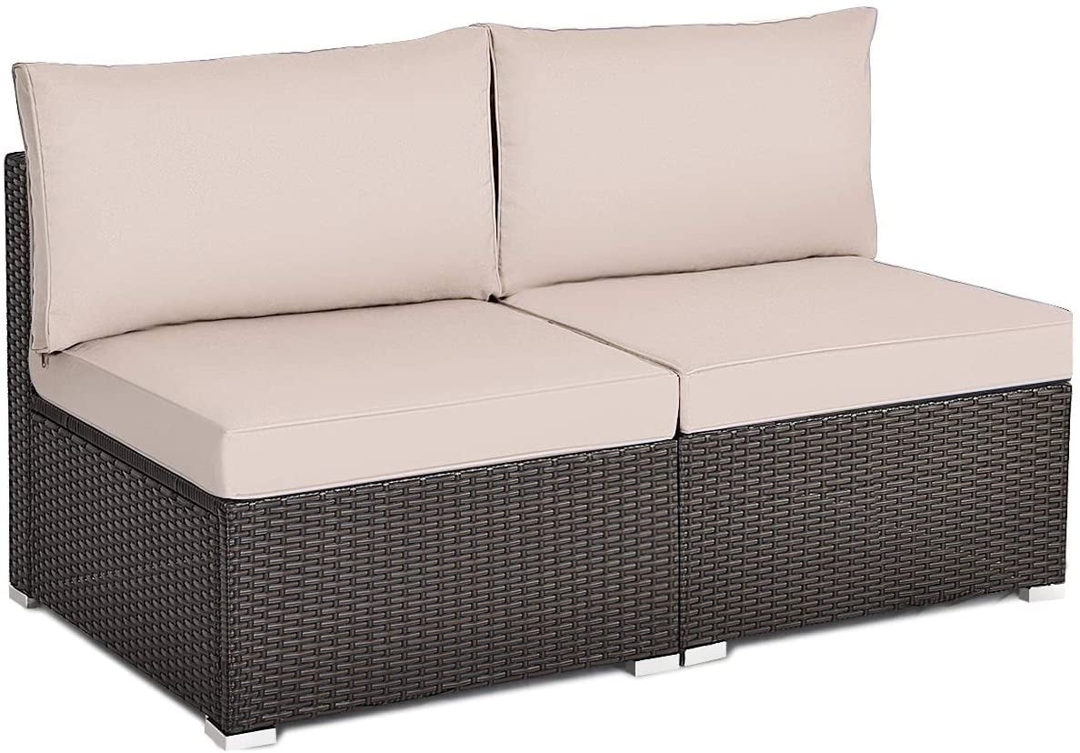 2 Pieces Patio Rattan Armless Sofa Set with 2 Cushions and 2 Pillows, Brown Outdoor Sectionals   at Gallery Canada