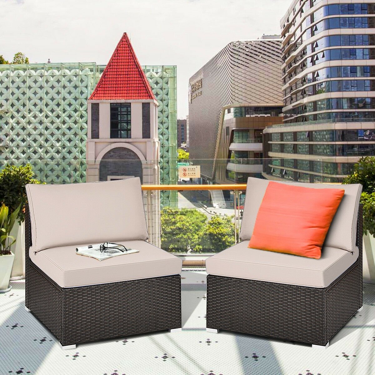 2 Pieces Patio Rattan Armless Sofa Set with 2 Cushions and 2 Pillows, Brown Outdoor Sectionals   at Gallery Canada