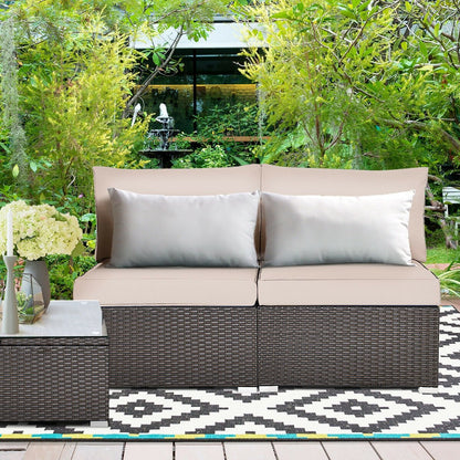 2 Pieces Patio Rattan Armless Sofa Set with 2 Cushions and 2 Pillows, Brown Outdoor Sectionals   at Gallery Canada