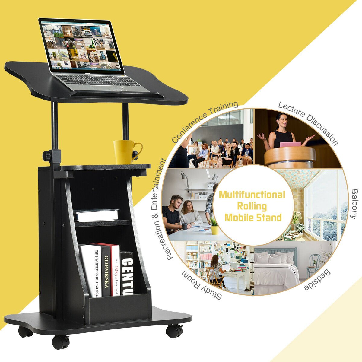 Sit-to-Stand Laptop Desk Cart Height Adjustable with Storage, Black Laptop Tables & Printer Stands   at Gallery Canada