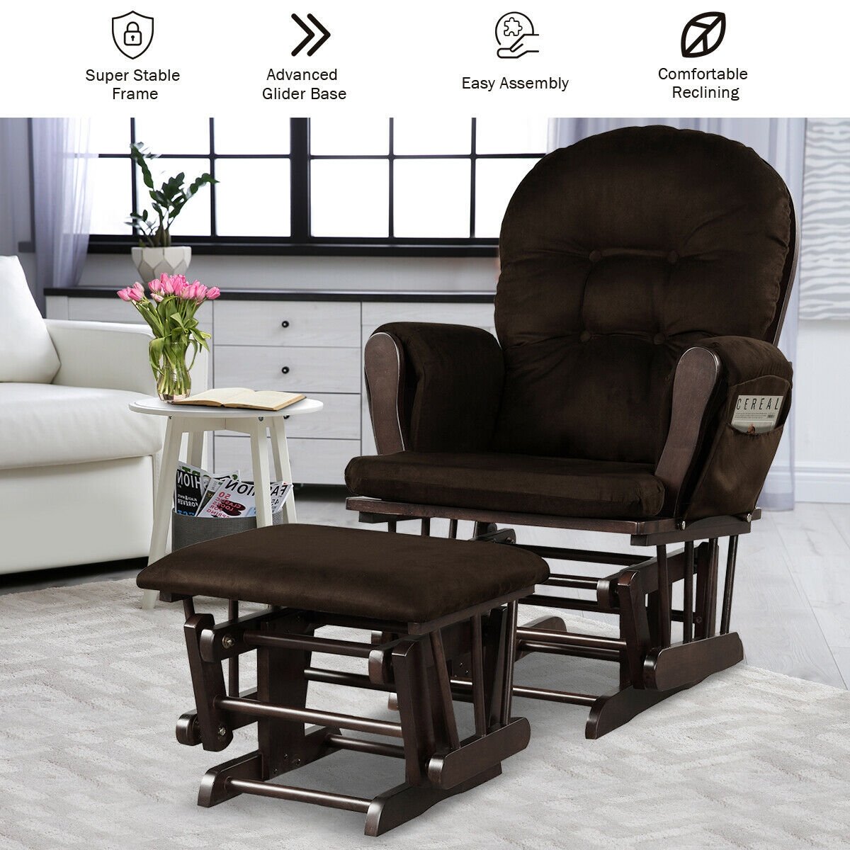 Wood Glider and Ottoman Set with Padded Armrests and Detachable Cushion, Brown Recliners   at Gallery Canada