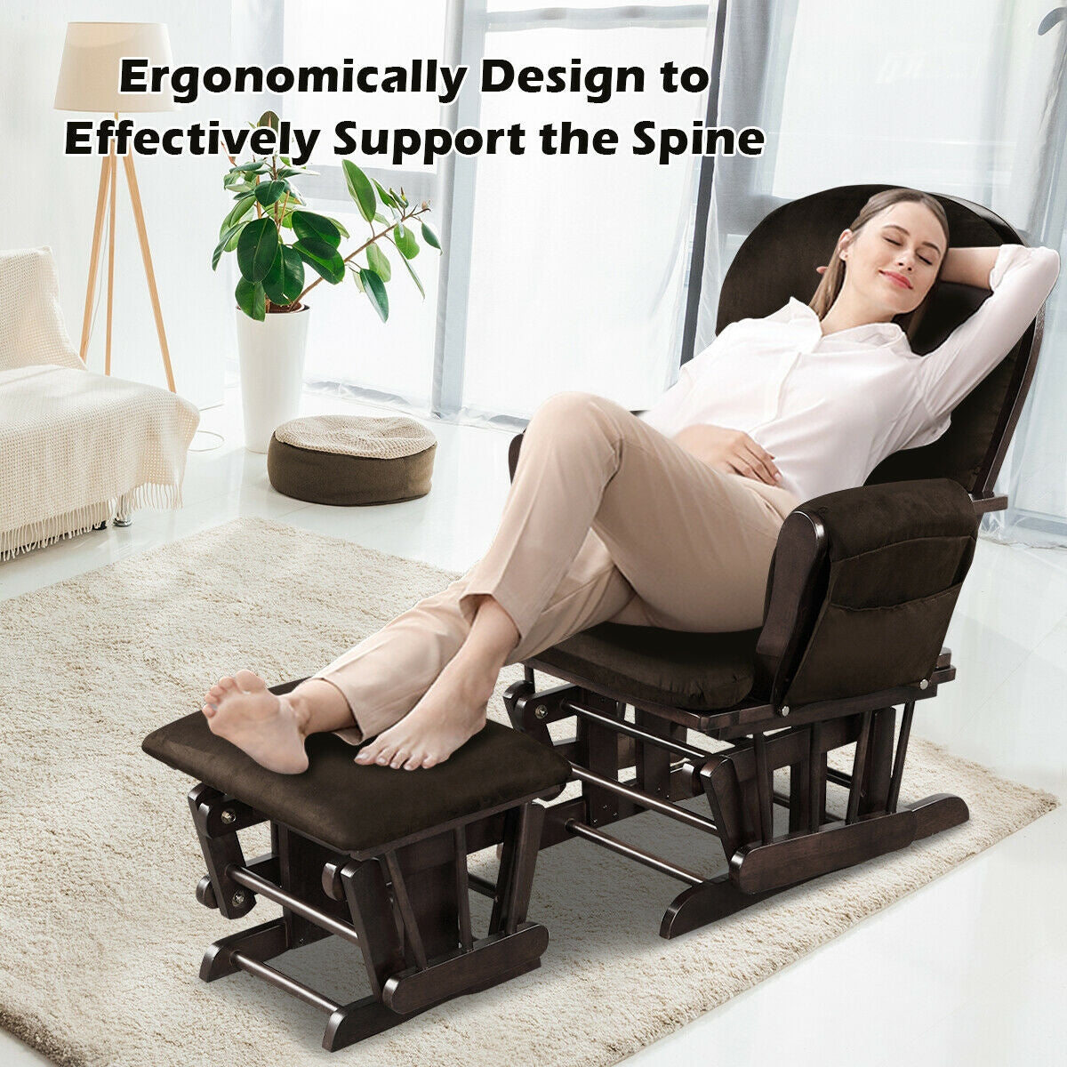 Wood Glider and Ottoman Set with Padded Armrests and Detachable Cushion, Brown Recliners at Gallery Canada