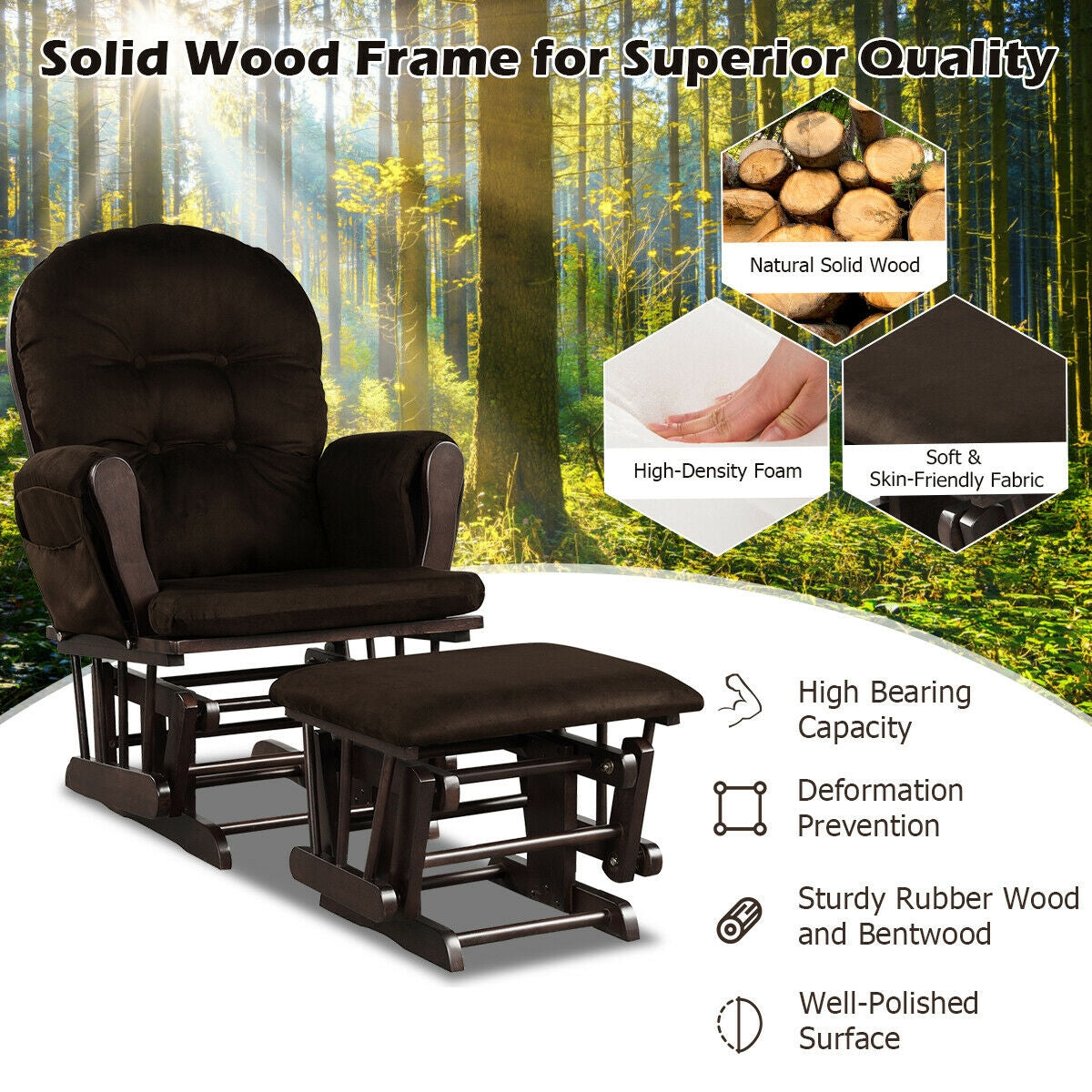 Wood Glider and Ottoman Set with Padded Armrests and Detachable Cushion, Brown Recliners at Gallery Canada