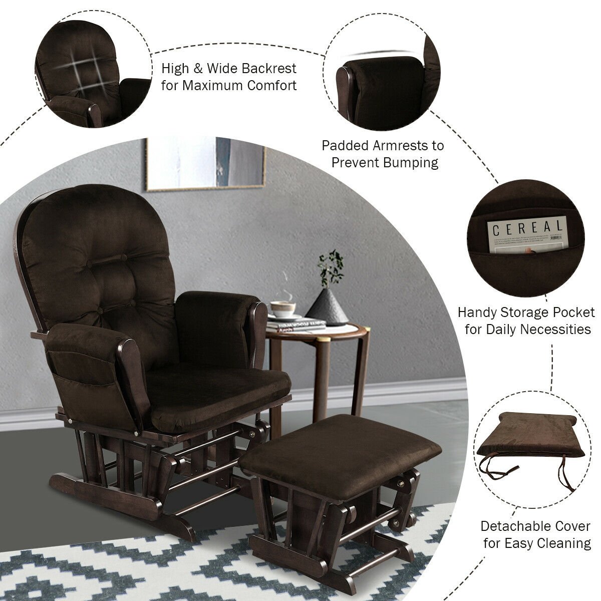 Wood Glider and Ottoman Set with Padded Armrests and Detachable Cushion, Brown Recliners   at Gallery Canada