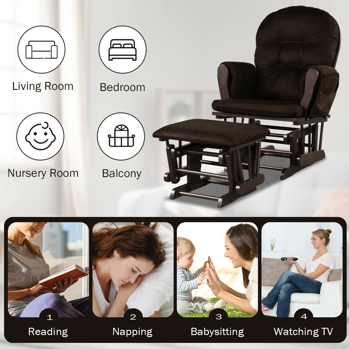 Wood Glider and Ottoman Set with Padded Armrests and Detachable Cushion, Brown Recliners at Gallery Canada