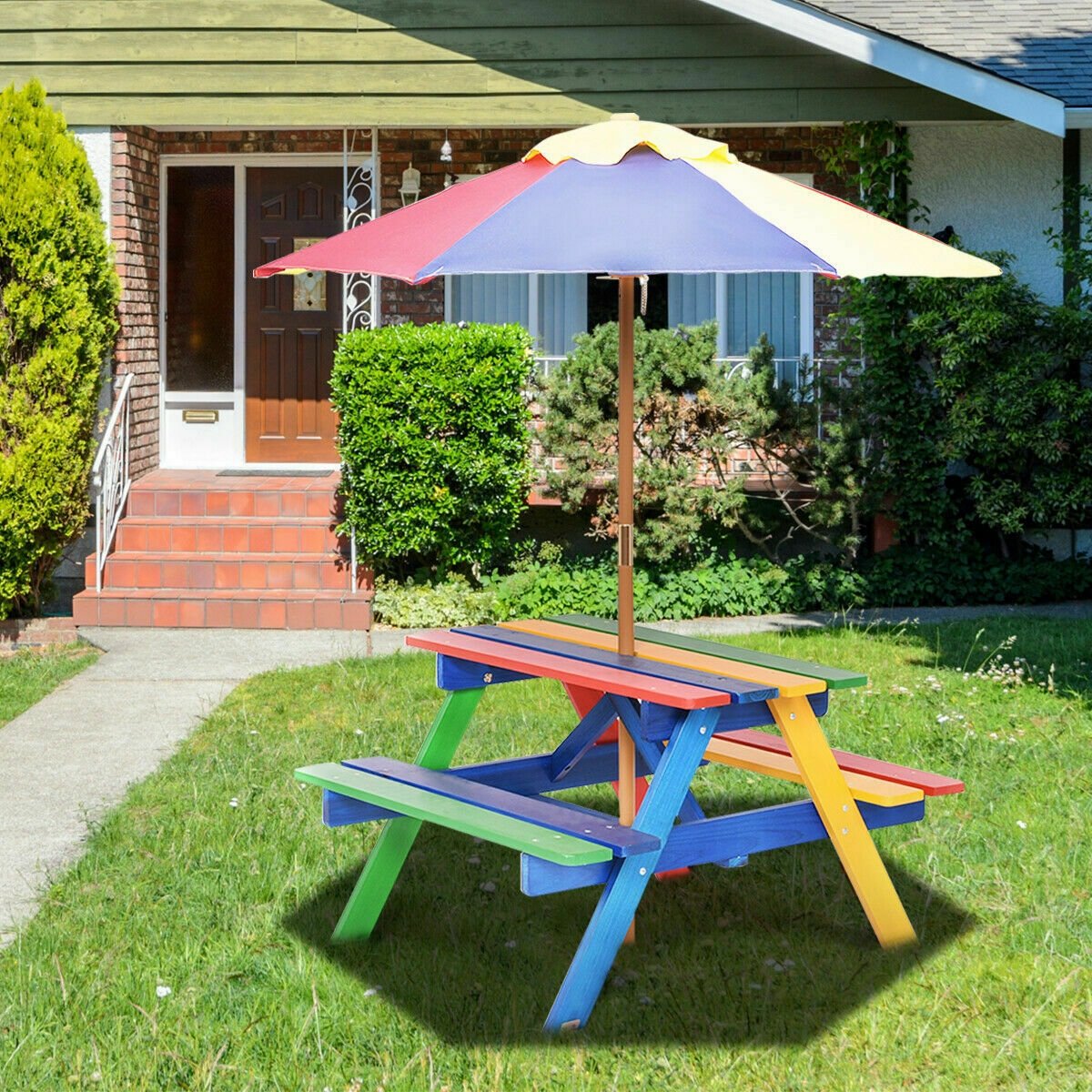 4 Seat Kids Picnic Table with Umbrella, Multicolor Kids Table & Chair Sets   at Gallery Canada