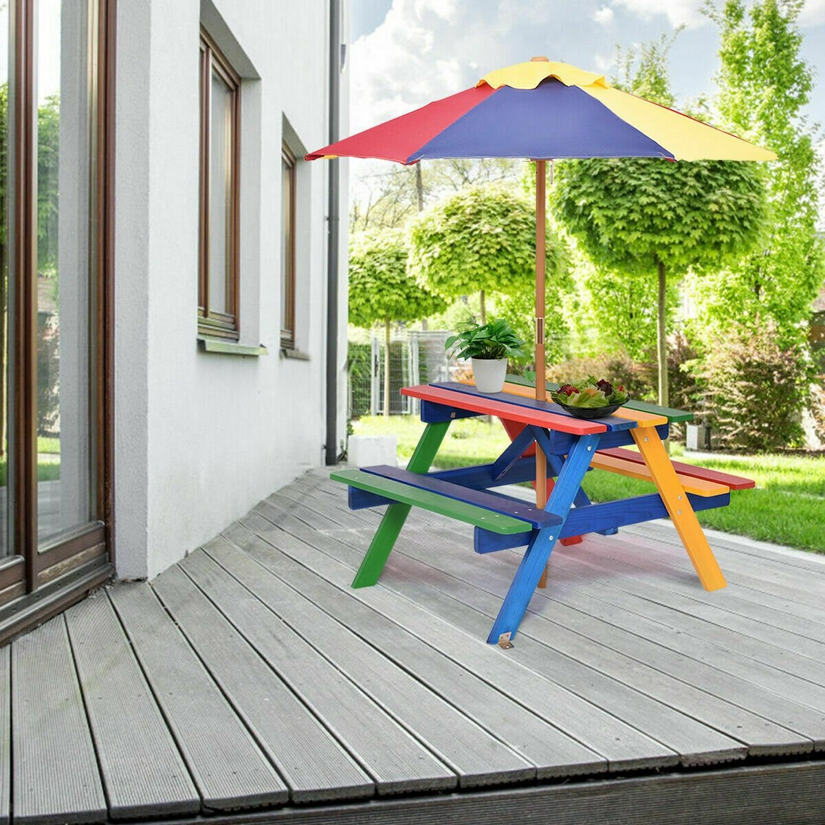 4 Seat Kids Picnic Table with Umbrella, Multicolor Kids Table & Chair Sets   at Gallery Canada