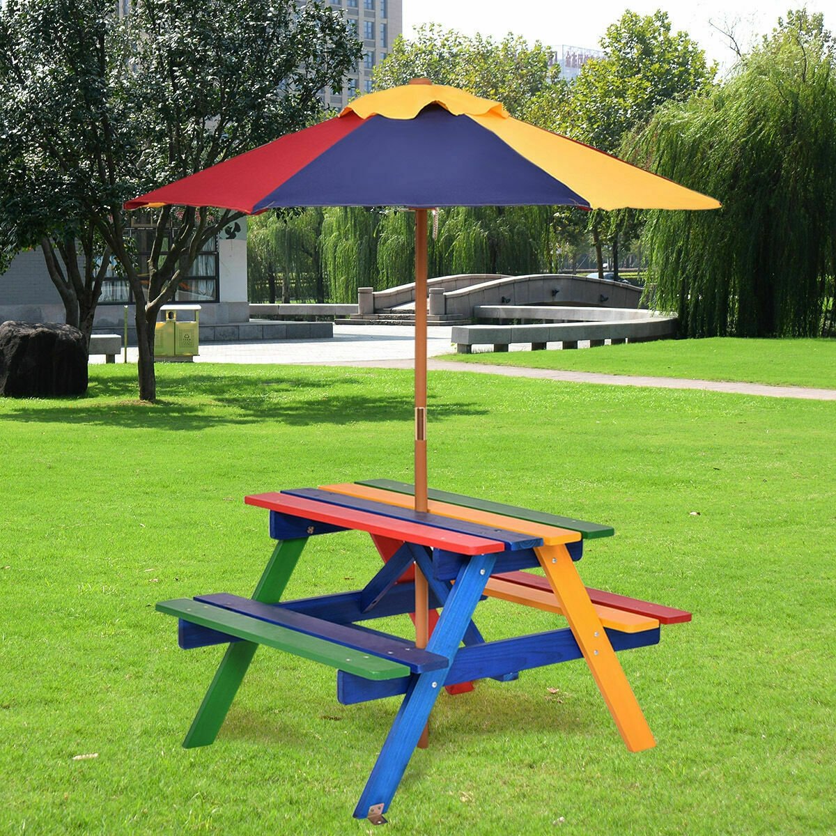 4 Seat Kids Picnic Table with Umbrella, Multicolor Kids Table & Chair Sets   at Gallery Canada