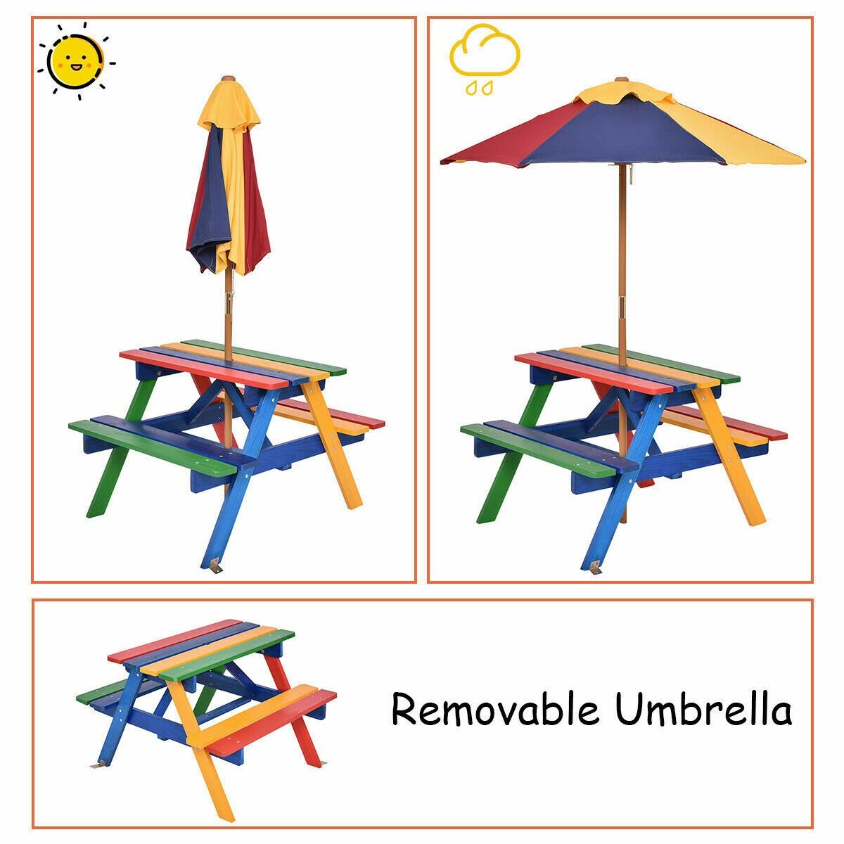 4 Seat Kids Picnic Table with Umbrella, Multicolor Kids Table & Chair Sets   at Gallery Canada