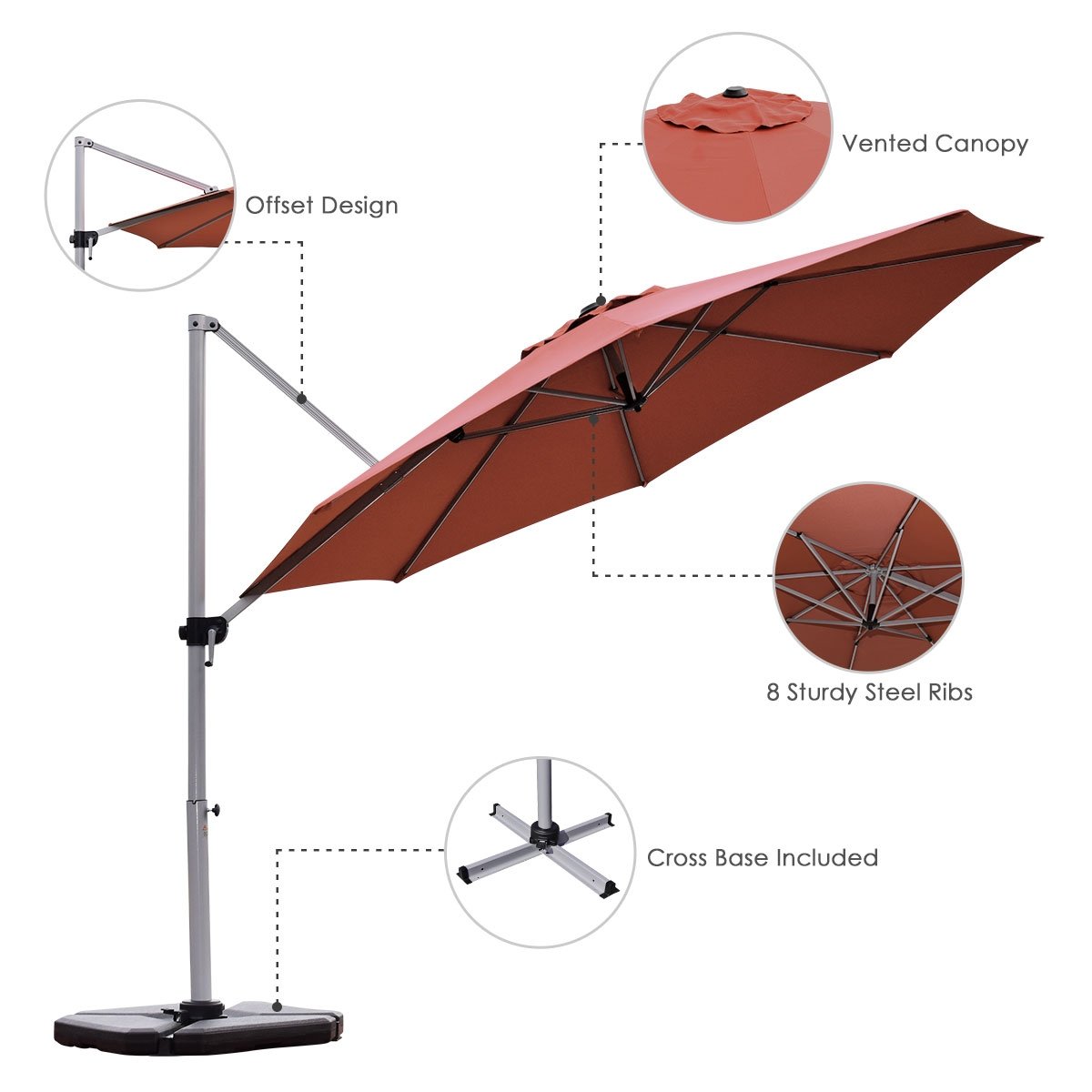 11 Feet Patio Offset Cantilever Umbrella 360° Rotation Aluminum Tilt, Brick Red - Gallery Canada