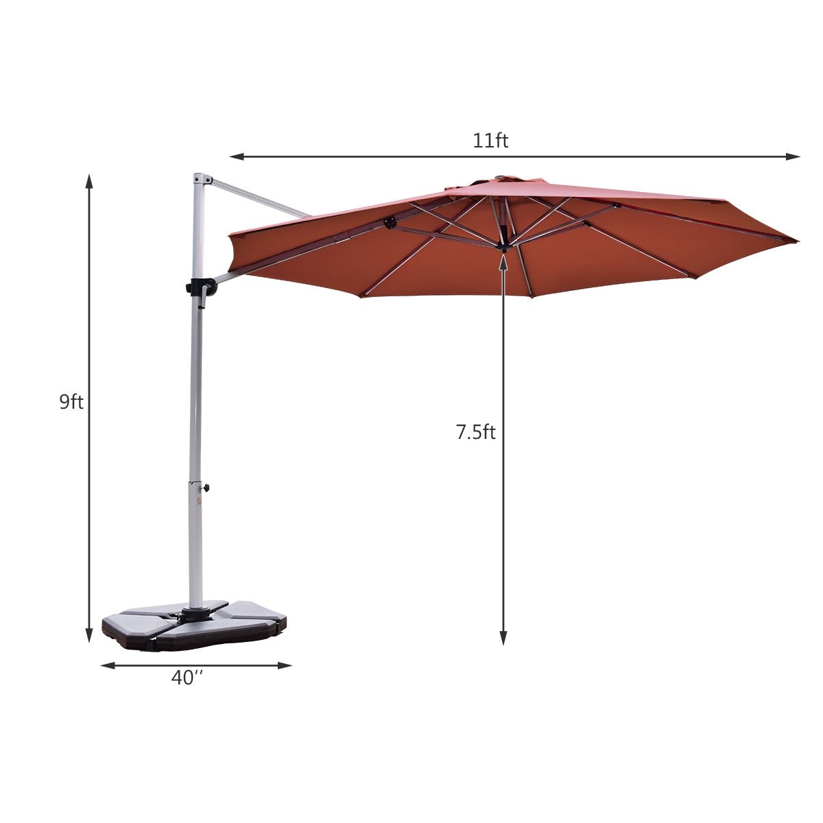 11 Feet Patio Offset Cantilever Umbrella 360° Rotation Aluminum Tilt, Brick Red - Gallery Canada