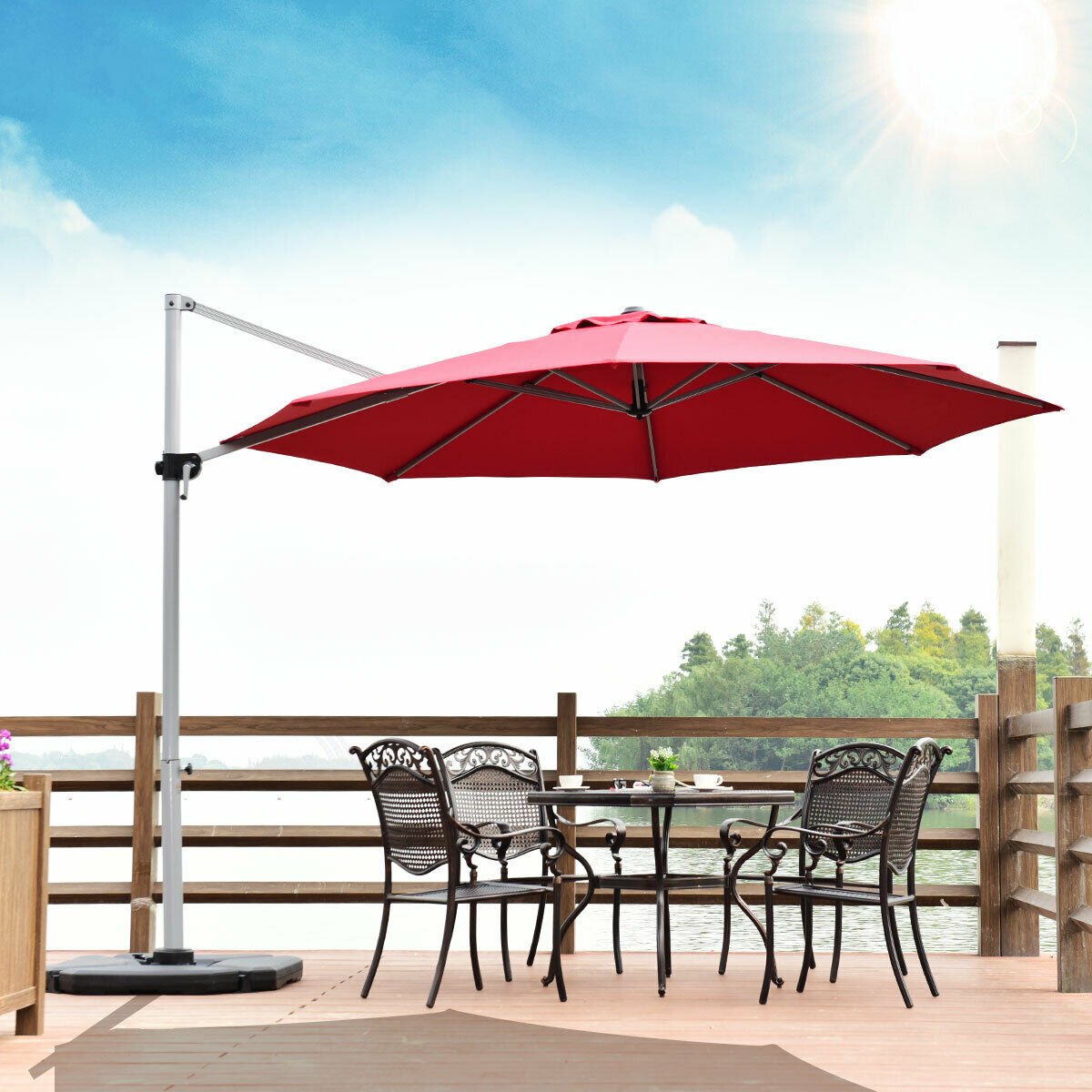 11 Feet Patio Offset Cantilever Umbrella 360° Rotation Aluminum Tilt, Red Outdoor Umbrellas   at Gallery Canada