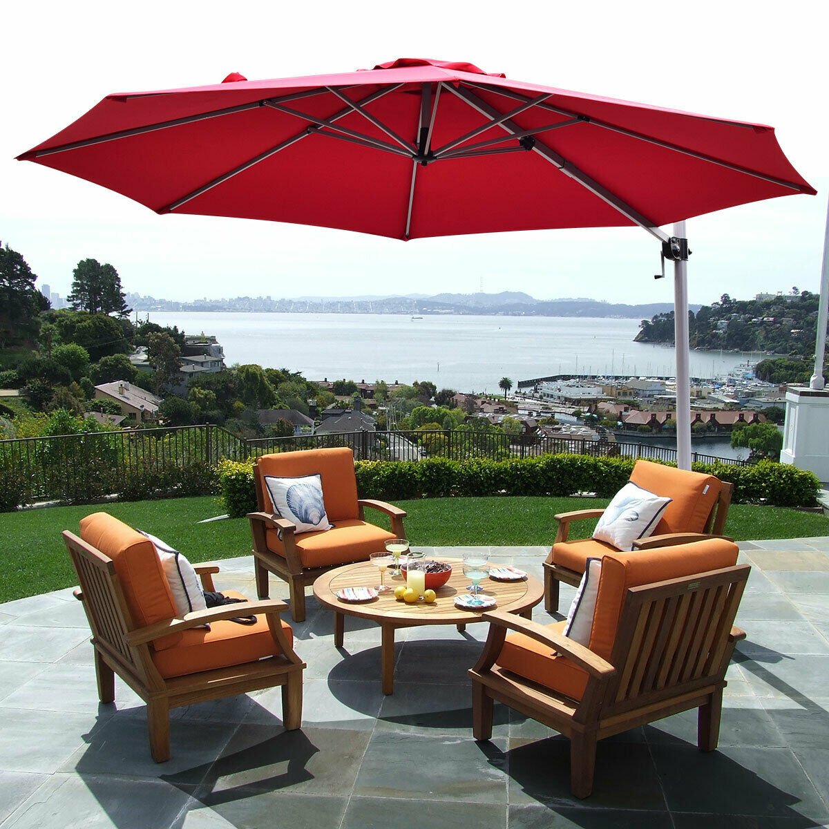 11 Feet Patio Offset Cantilever Umbrella 360° Rotation Aluminum Tilt, Red Outdoor Umbrellas   at Gallery Canada