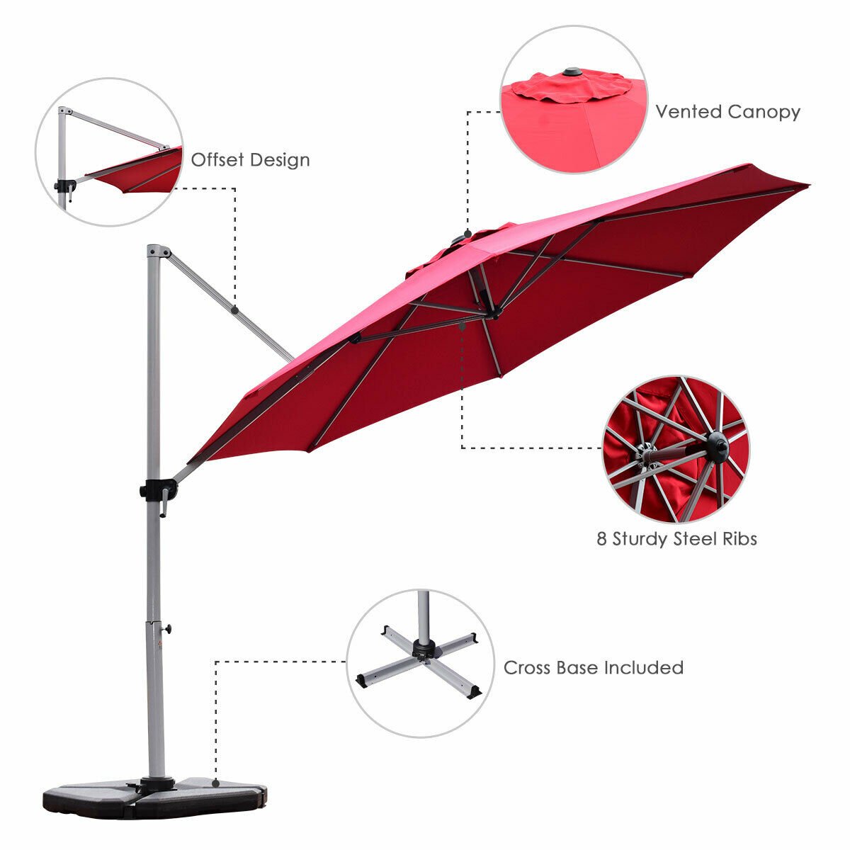 11 Feet Patio Offset Cantilever Umbrella 360° Rotation Aluminum Tilt, Red Outdoor Umbrellas   at Gallery Canada