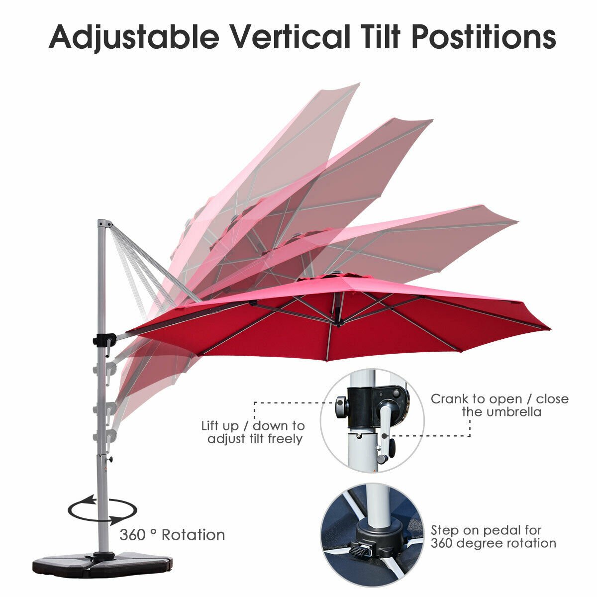 11 Feet Patio Offset Cantilever Umbrella 360° Rotation Aluminum Tilt, Red Outdoor Umbrellas   at Gallery Canada