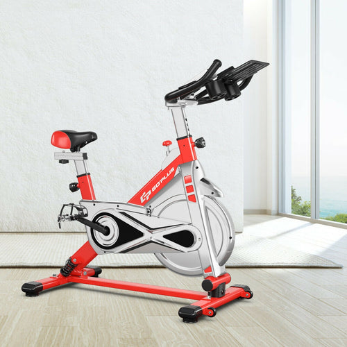 Stationary Silent Belt Adjustable Exercise Bike with Phone Holder and Electronic Display, Red