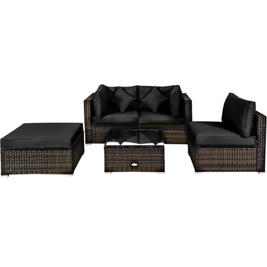 5 Pcs Outdoor Patio Rattan Furniture Set Sectional Conversation with Cushions, Black Outdoor Sectionals Black  at Gallery Canada