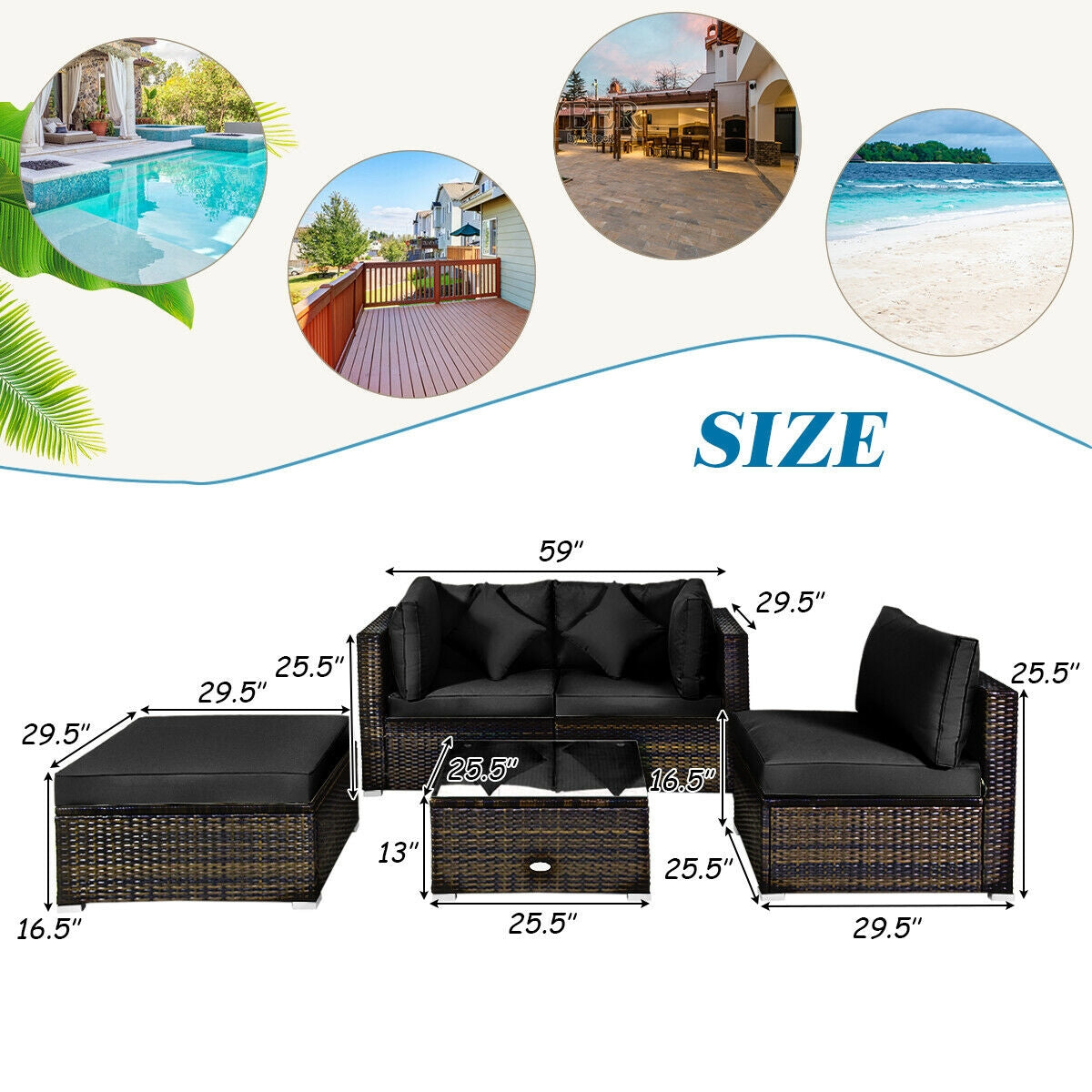 5 Pcs Outdoor Patio Rattan Furniture Set Sectional Conversation with Cushions, Black Outdoor Sectionals   at Gallery Canada