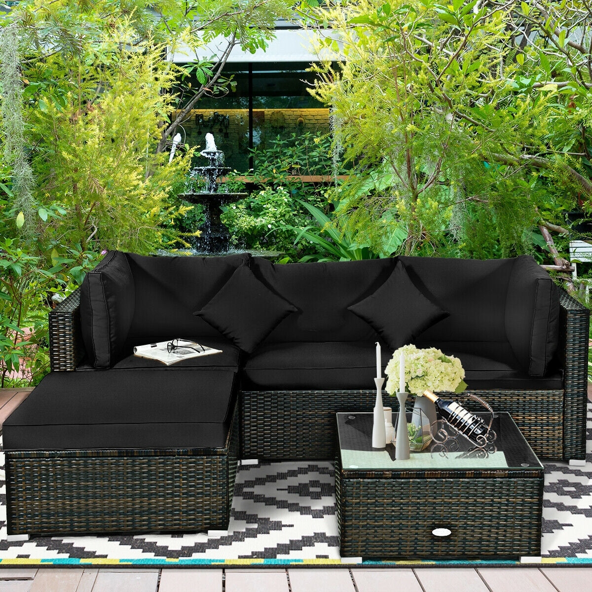 5 Pcs Outdoor Patio Rattan Furniture Set Sectional Conversation with Cushions, Black Outdoor Sectionals   at Gallery Canada