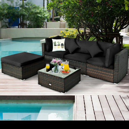 5 Pcs Outdoor Patio Rattan Furniture Set Sectional Conversation with Cushions, Black Outdoor Sectionals Black  at Gallery Canada